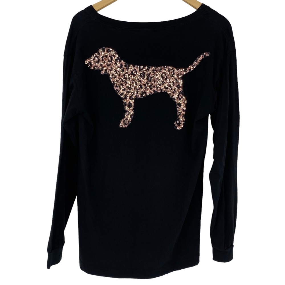 VS PINK black LS tee with rose gold glitter dog logo on back, M